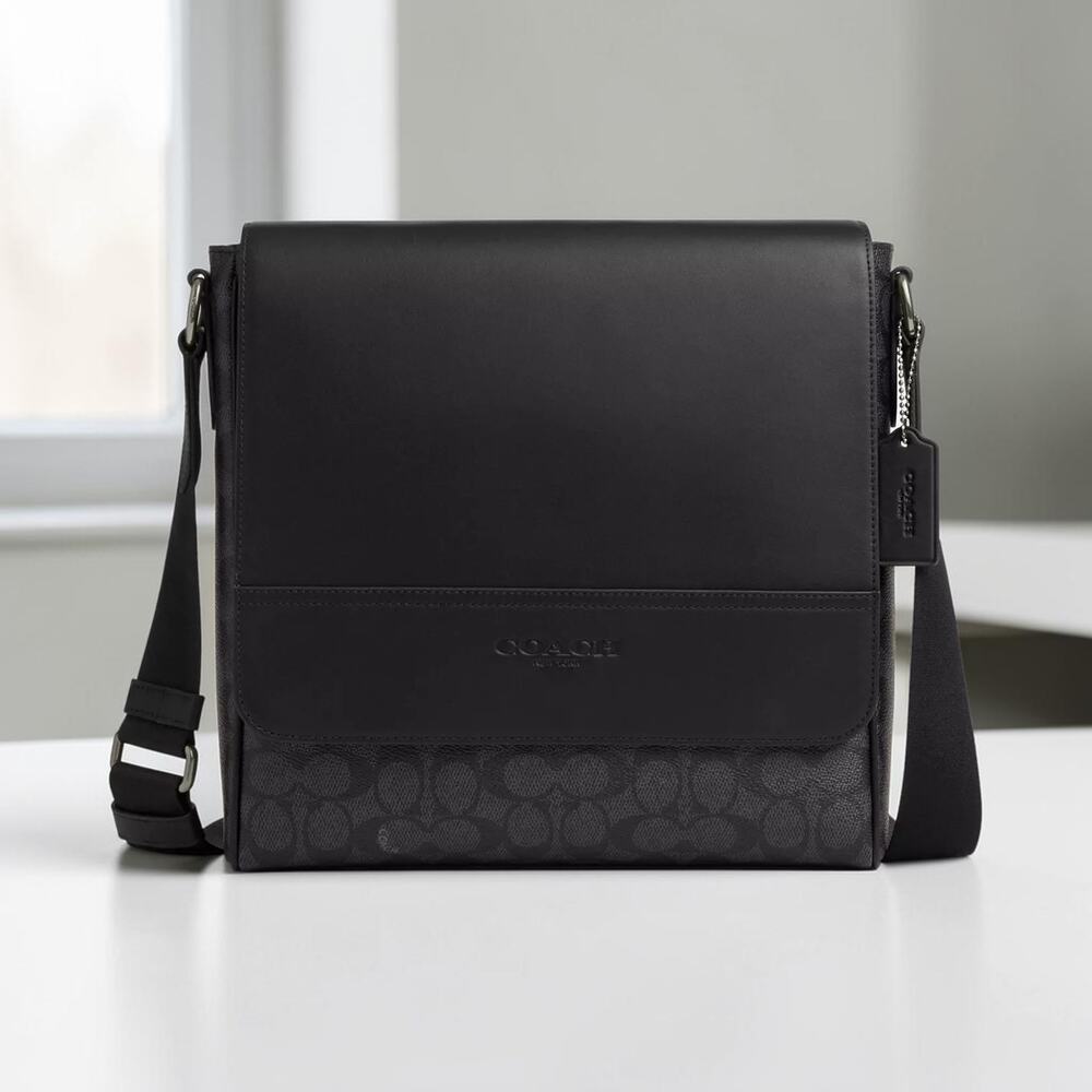 Coach NWT Houston Map Bag Signature Canvas Charcoal Black Messenger CZ399 Men
